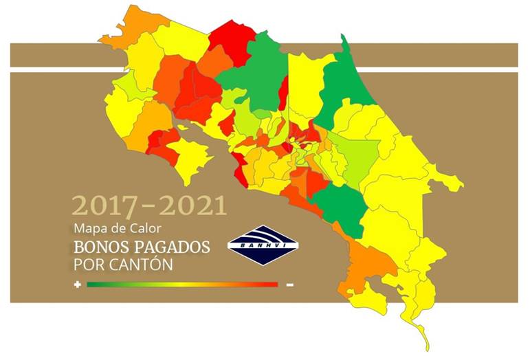Mapa de calor con la distribución de bonos de vivienda otorgados por cantón en el periodo 2017-2021.