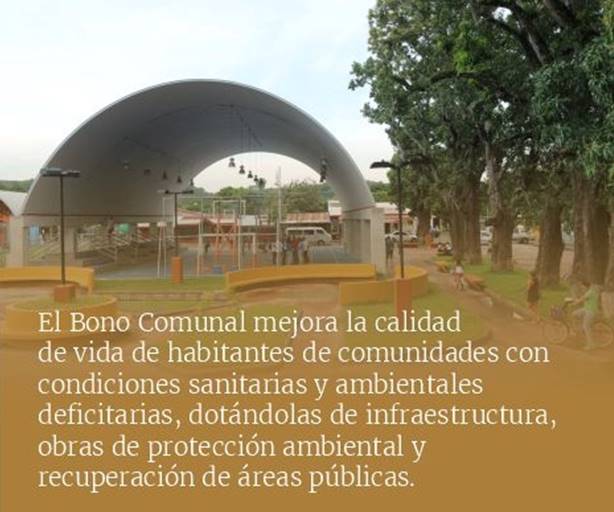 Fotografía del proyecto de Bono Comunal Juanito Mora. Con leyenda: El Bono Comunal mejora la calidad de vida de habitantes de comunidades con condiciones sanitarias y ambientales deficitarias, dotándolas de infraestructura, obras de protección ambiental y recuperación de áreas públicas.