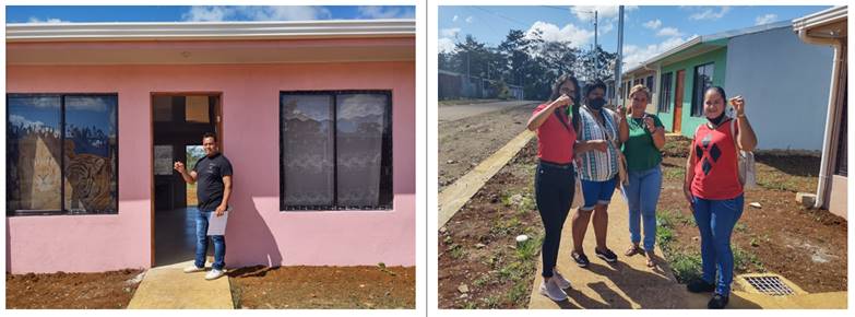 Fotograf&iacute;as de una vivienda y un grupo de personas con las llaves de sus casas en el proyecto Lotificaci&oacute;n Miravalles II en Upala.