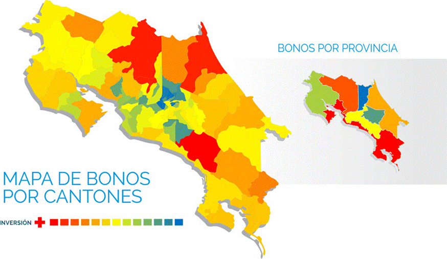 Title: Mapa de CR Comparativa Número e inversión bonos de vivienda otorgados por provincia y cantón